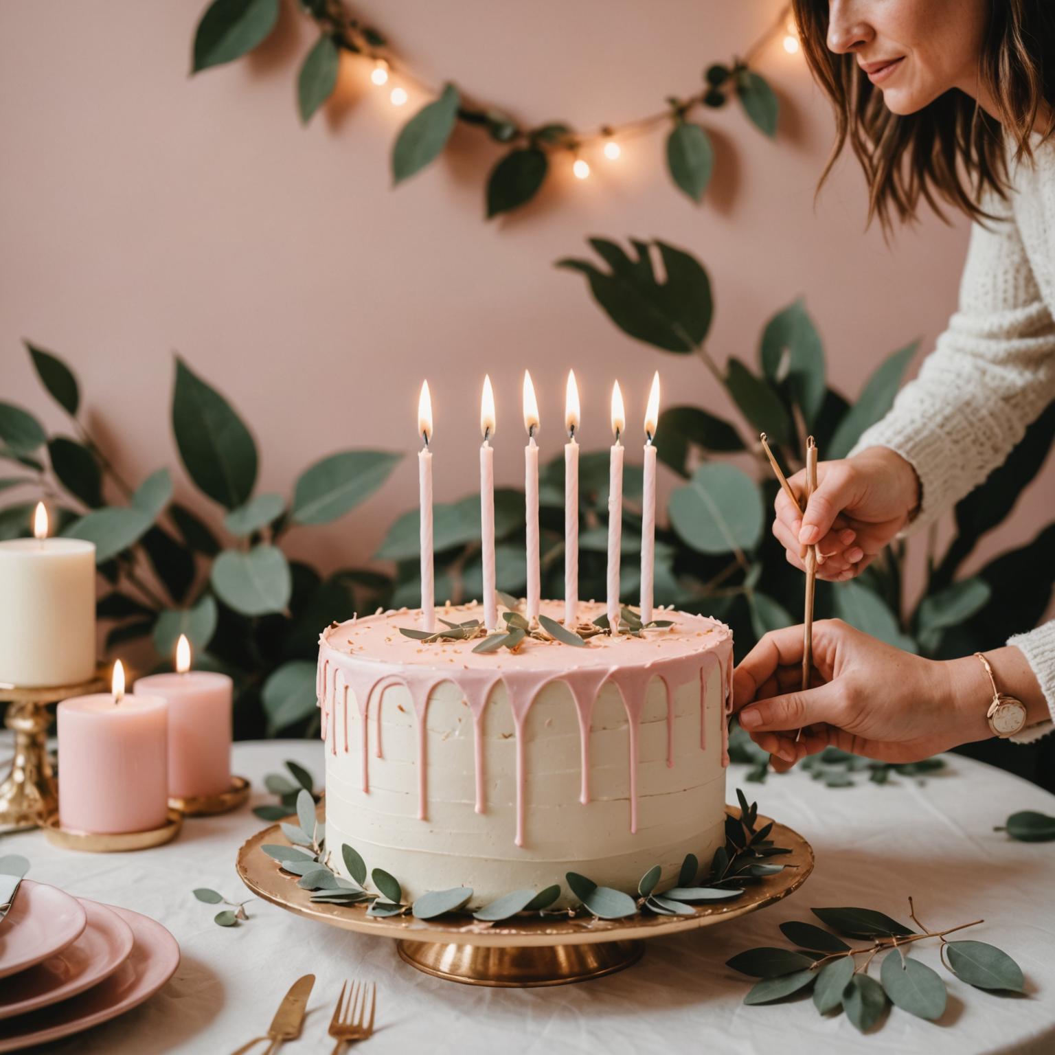 Lit birthday candles on a celebration cake