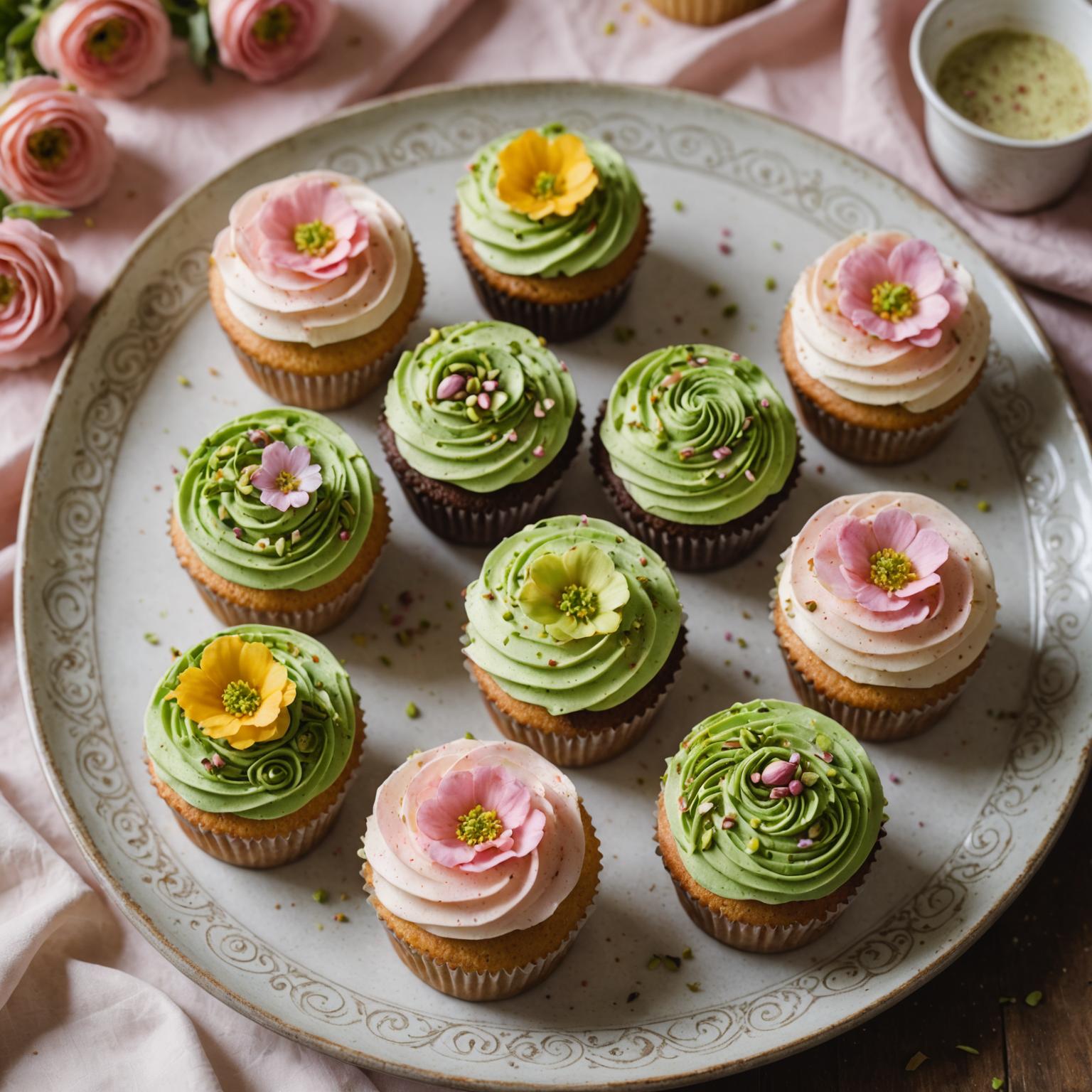A tray of decorated artisan cupcakes