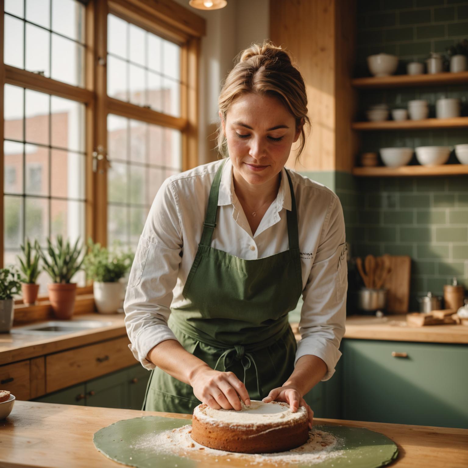 Pastry chef icing a cake in the Cloudleaf kitchen