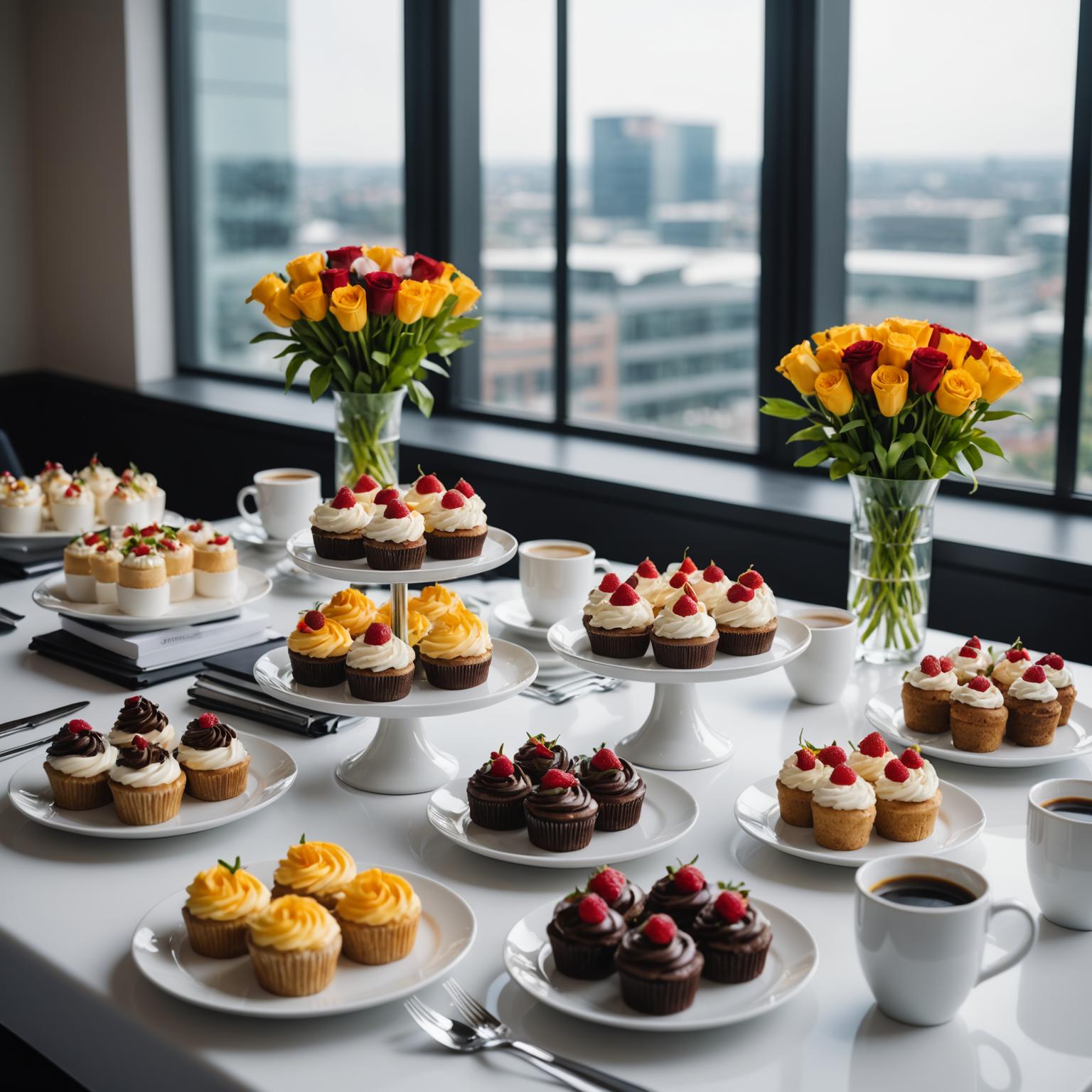 Office catering setup with desserts and flowers